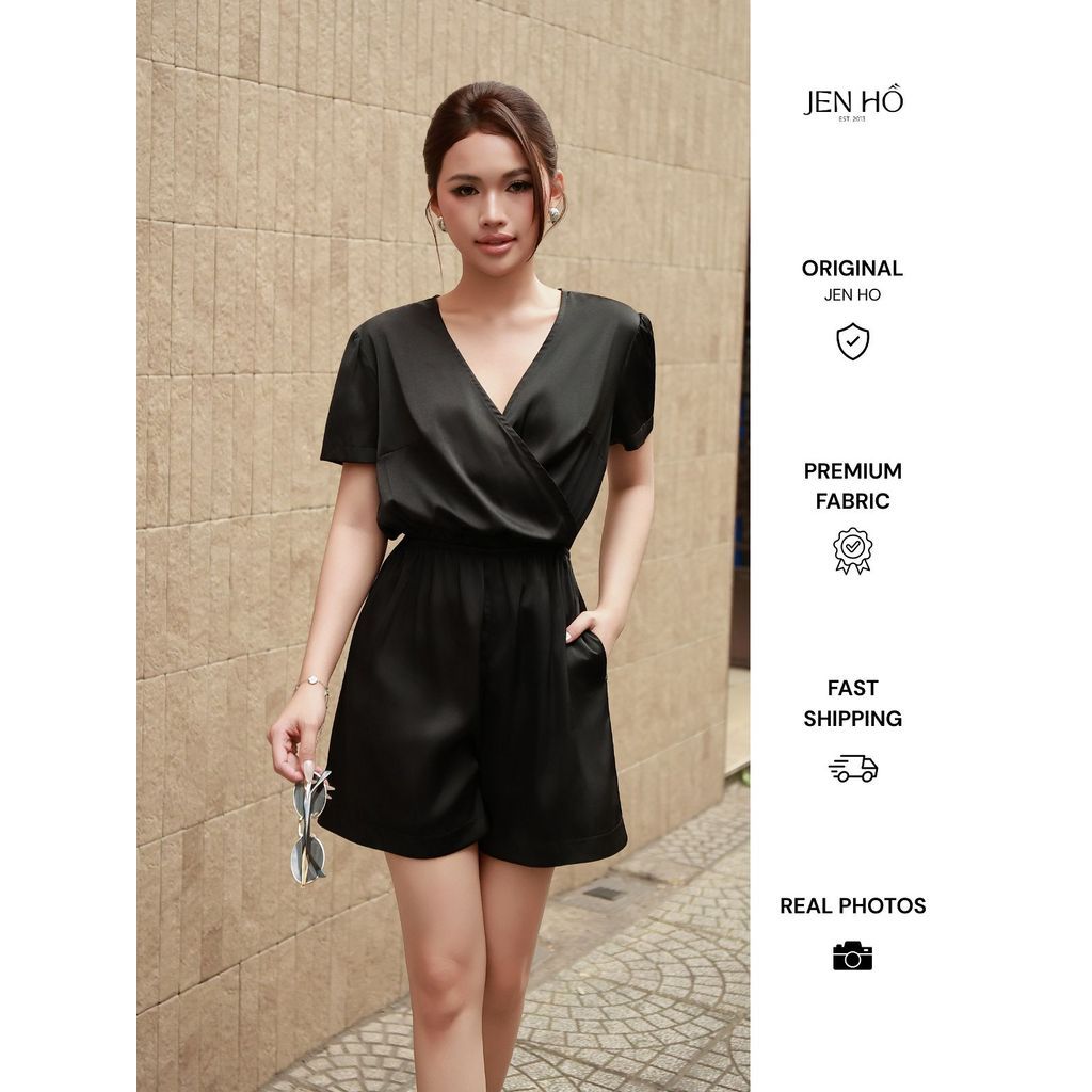 Women Satin Silk Playsuit JEN HO 156 Wrap V Neck Short Sleeve Romper with Pockets XS–3XL