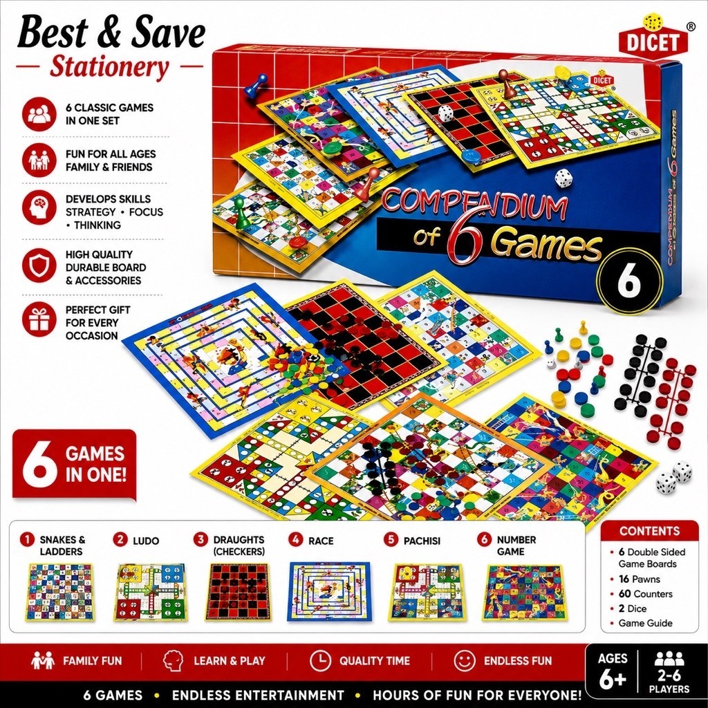 ( BEST & SAVE ) Compendium of 6 Games / 6 in 1 Permainan Board Game Ular Draught Karpal Terbang