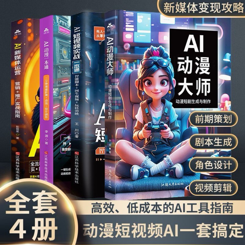 【全4册】AI动漫大师+AI新媒体运营+AI新媒体运营+AI实战一本通 剪映短视频剪辑9898