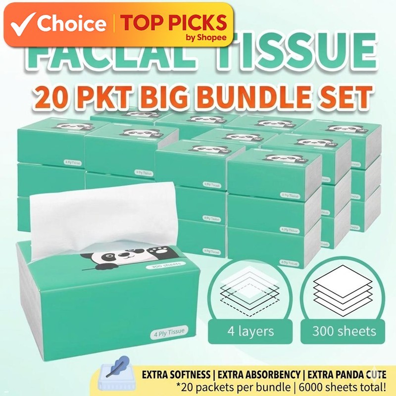 20pkt Set Green Panda Bamboo Facial Tissue Premium Tissue, 20Pkt x 300 sheet | 6000 Sheets| Extra Soft & Absorbent