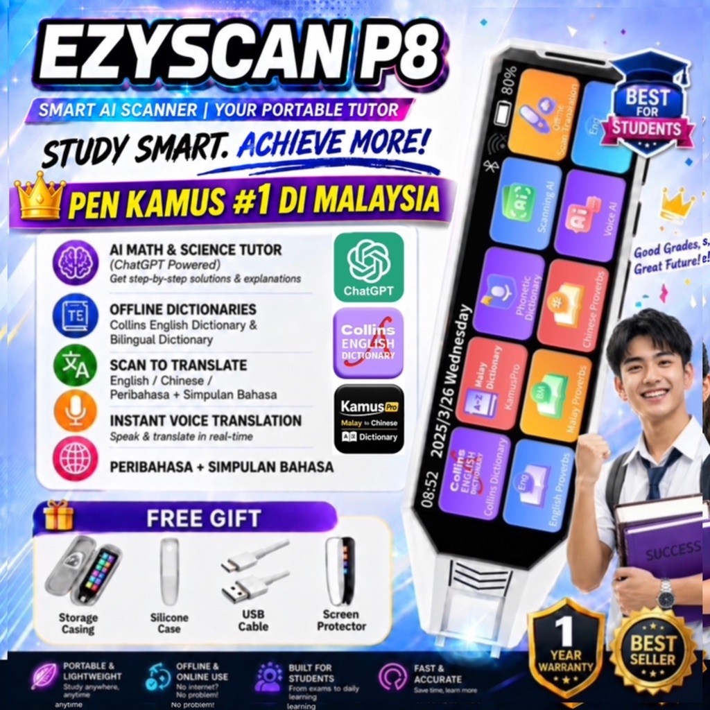 EzyScan P8 - Pen Kamus Pro AI Translator ChatGPT, Dictionary Pen dengan ChatGPT, Collins English and ekamus 字典笔