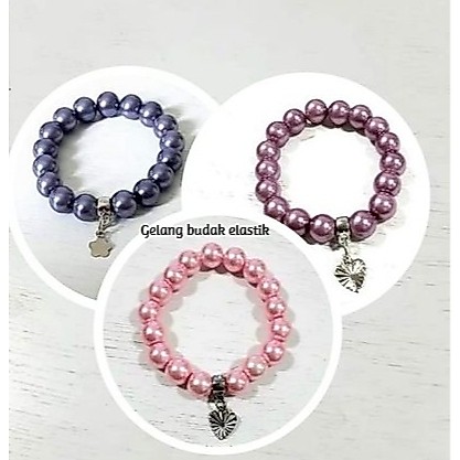 Gelang Budak Kanak2 Elastik Mutiara Kaca + juntai charm, gelang budak kristal elastik, kid bracelet