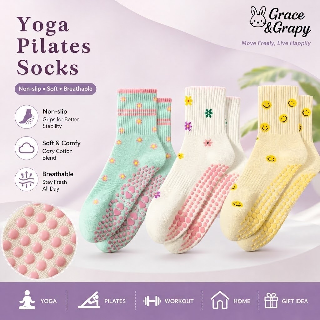 Grace & Grapy Happy Bloom Yoga Pilates Socks Women Non Slip Grip Socks Cute Floral Smiley Workout Barre