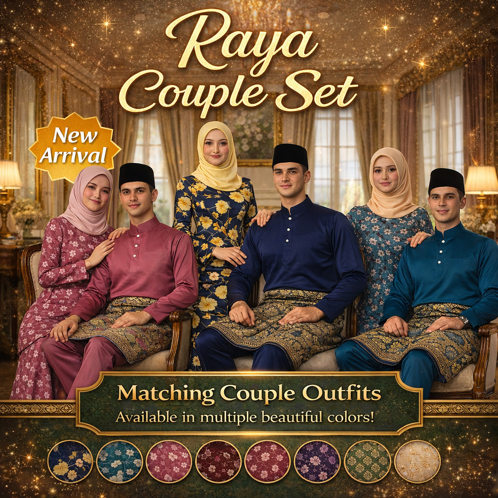 2 QAYRAA 2026 Suami Isteri Couple Set Baju Kurung & Baju Melayu SlimFit Sedondon/Size XS-4XL/Teal Blue/Rich Brown