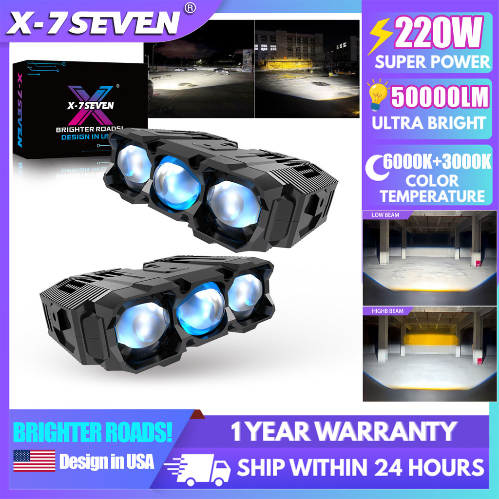 X-7SEVEN 2PCS Car Front Grille Light LED Projector Lens 220W 50000LM Hi/Lo Beam Dual-Color Blue Film