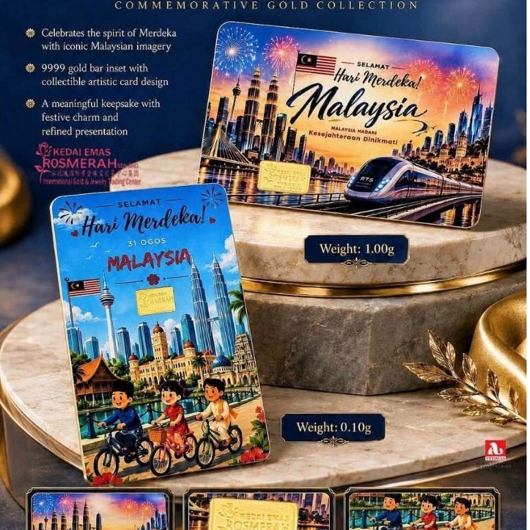 KEDAI EMAS ROSMERAH 999.9 GOLD BAR EDISI HARI KEBANGSAAN/MERDEKA 国庆日金片 1gram
