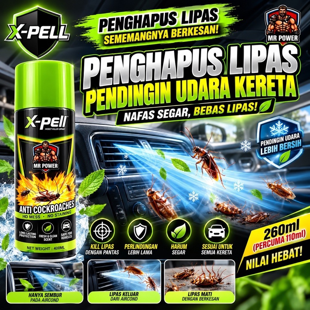 Mr Power X-Pell Insektisid Aerosol 260ml Pewangi Anti Lipas Kereta Bantu Pembersih Udara Selamat Untuk Keluarga