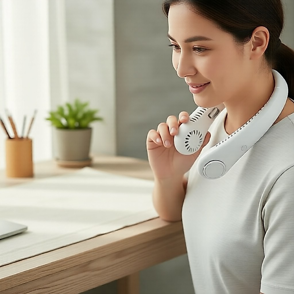 Stay refreshed with bladeless neck fan: USB rechargeable, 3-speed comfort Kekal segar dengan kipas leher tanpa bilah: boleh cas semula USB, 3 kelajuan untuk keselesaan