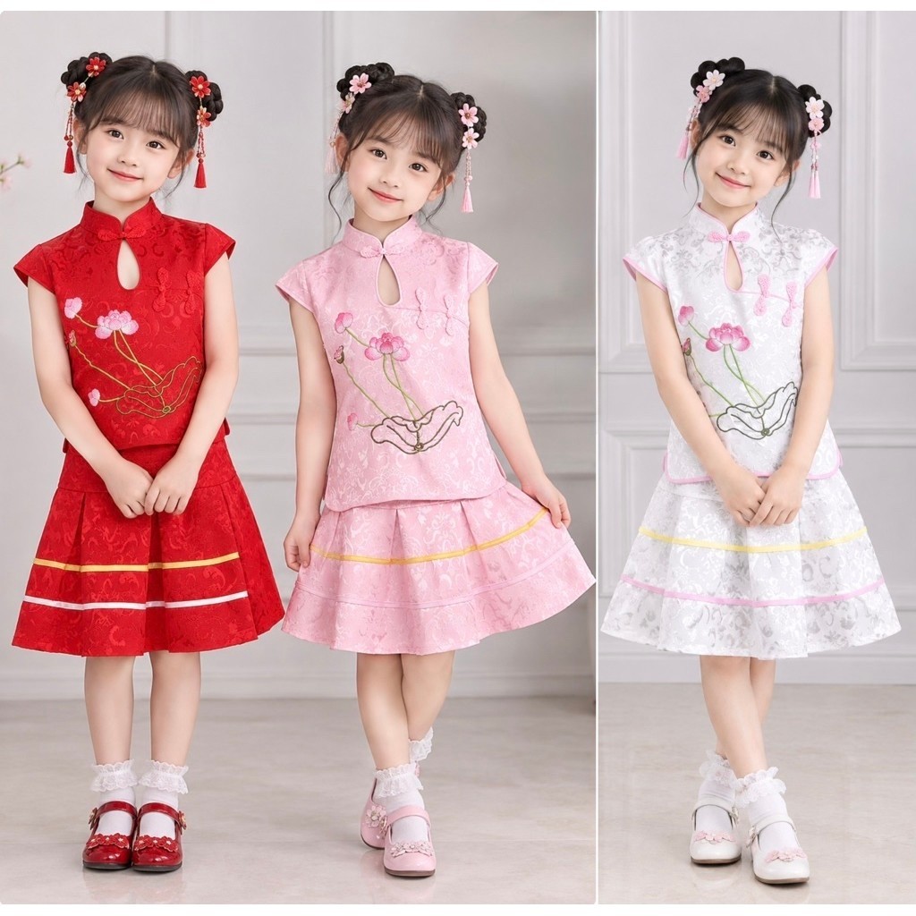 [🇲🇾Penang Ready Stock]（90-110saiz） Girls' Hand-embroidered Lotus Chinese Hanfu Two-Piece Set手工刺绣荷花汉服两件套女童