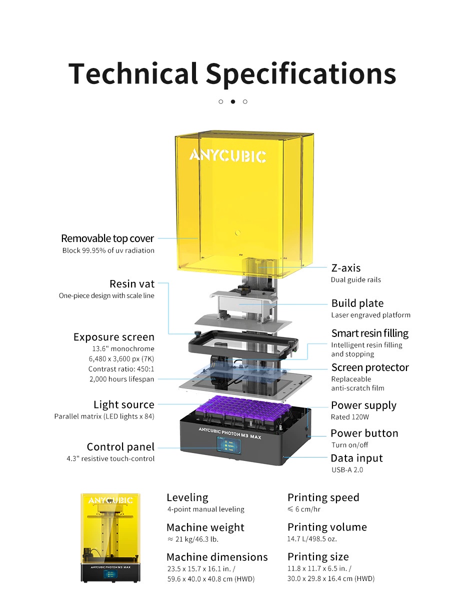 Anycubic photon m3 max 7k mono lcd resin 3d printer with auto resin refill matte fep alternative phrozen sonic mega 8k