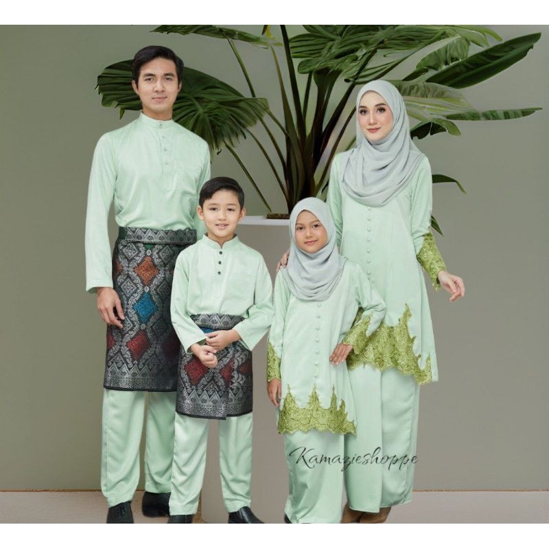 SET FAMILY RAYA MINT GREEN. BAJU MELAYU MINT GREEN. BAJU KURUNG MINT