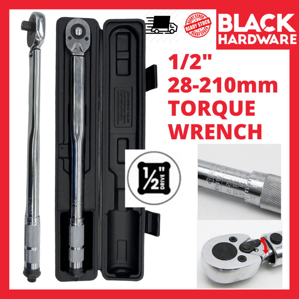 Black Hardware 1/2" Rachet Adjustable Torque Spanner Wrench Box Set Socket CRV Clear Scale Plug Repa