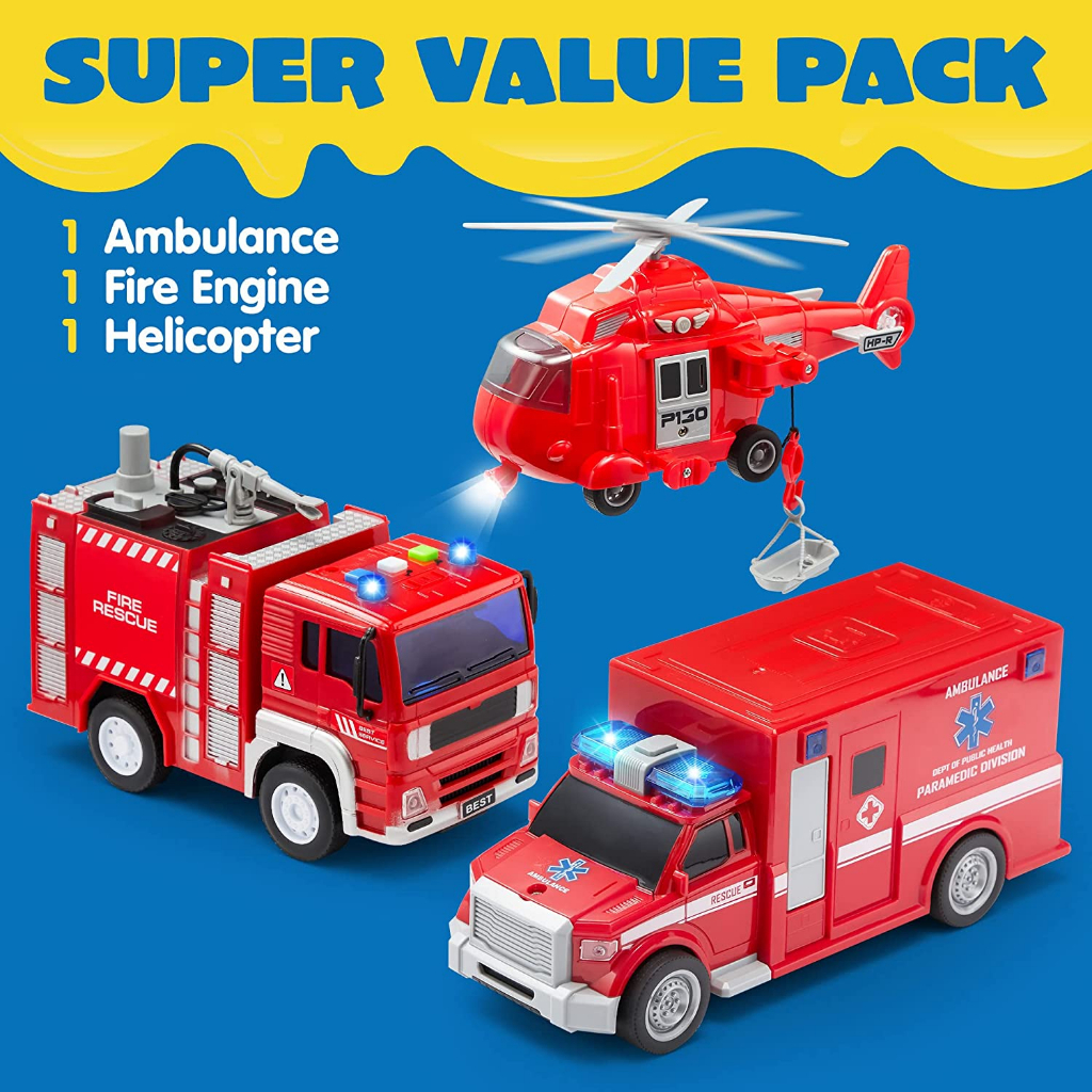 3 Packs Emergency Vehicle Playset, Pretend Helicopter, Ambulance Truck, Police Car Toys, Friction Powered Car with Light