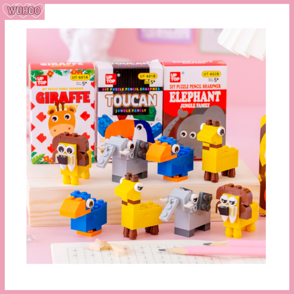Lego Sharpener Kids DIY Puzzle Pencil Sharpener Lion Toucan Giraffe Elephant Lego Jungle Family - (BOX) Pengasah Pensil