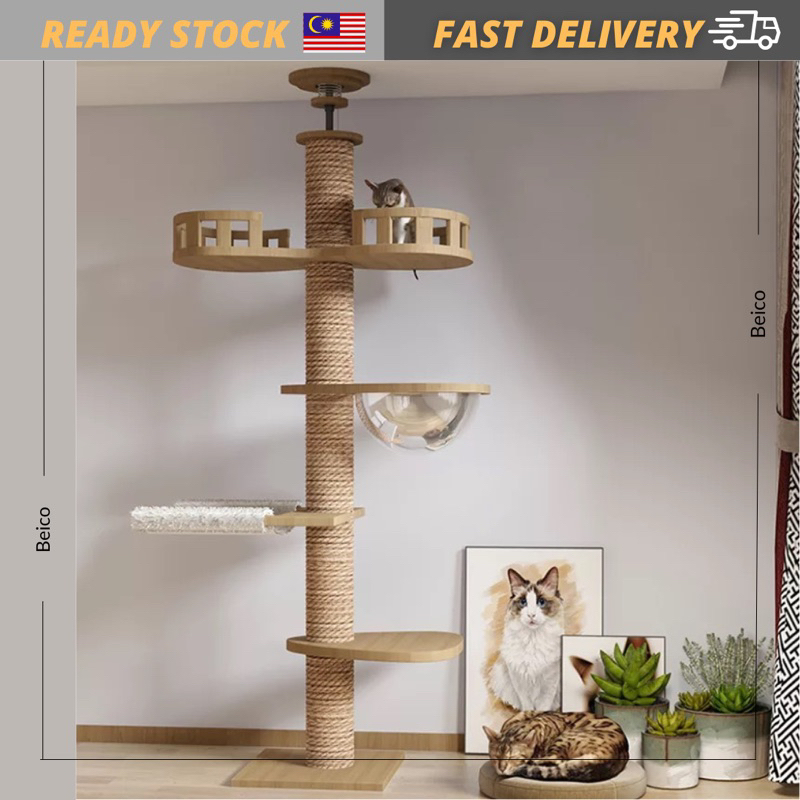 Cat Tree Wooden Floor-to-Ceiling Cat Tree Tower Scratching Post Cat ...