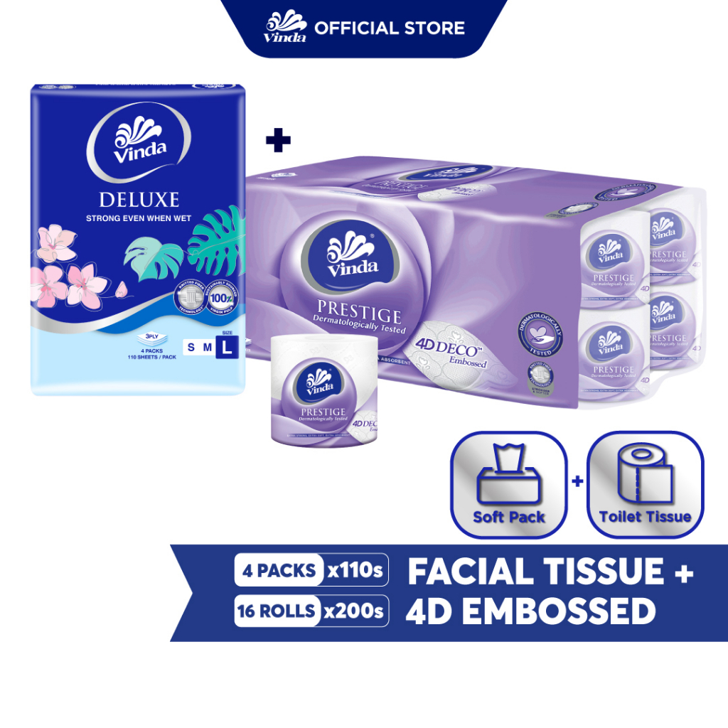 Vinda Deluxe Soft Pack Facial Tissue Large 3ply (4x110s) + Vinda Prestige 4D Deco Toilet Tissue