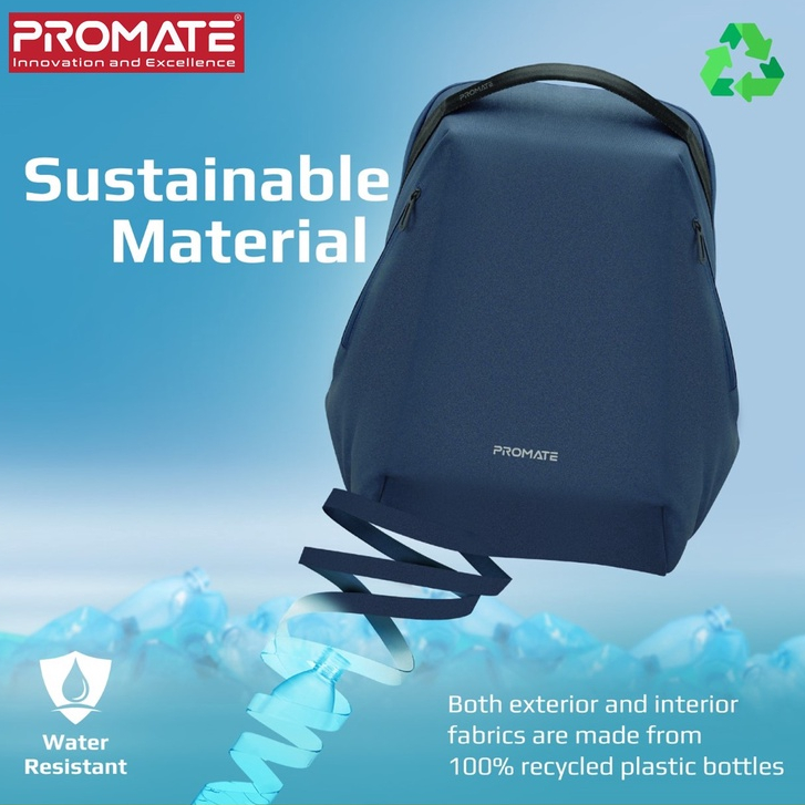 Original Promate 15.6" EcoPakt™ Sustainable Lightweight BackPack • Made from Recycled RPET Materials • Water-Resistant