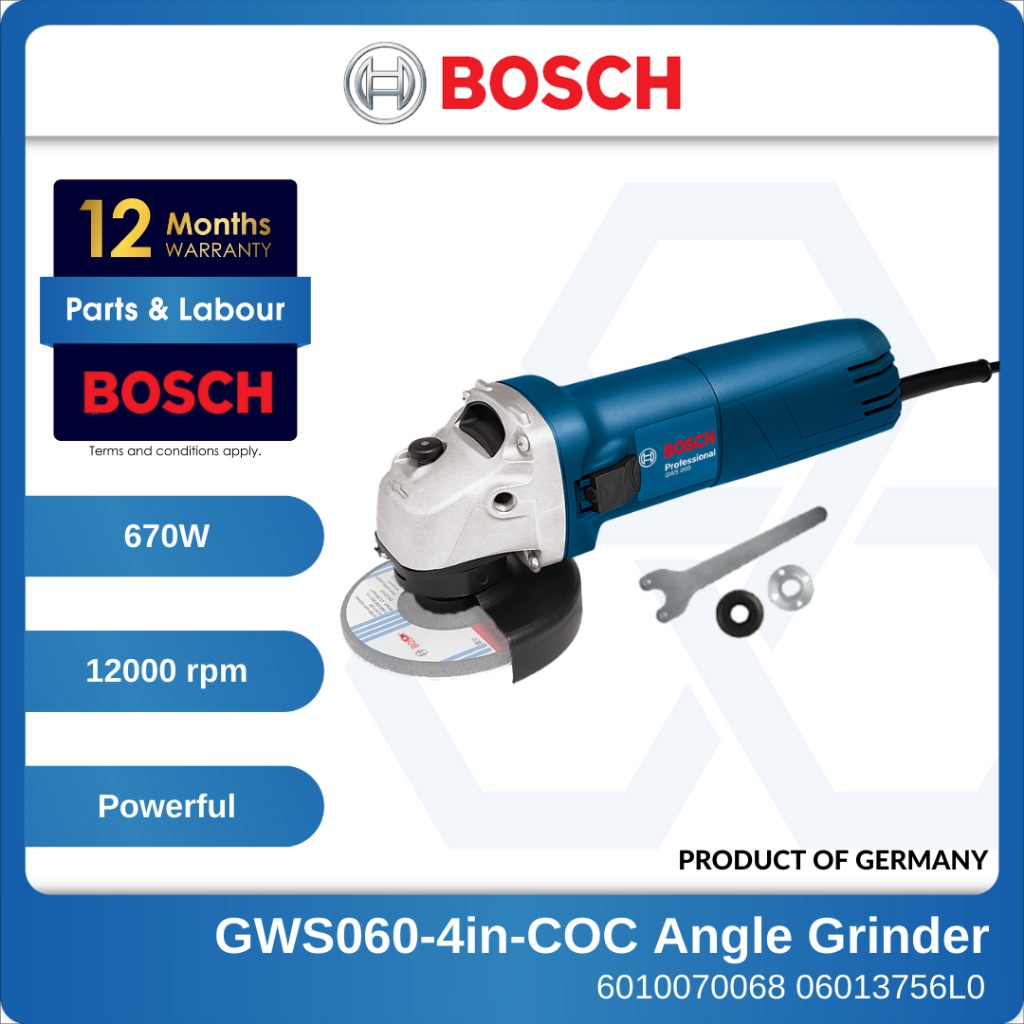 BOSCH 4" Angle Grinder GWS060 670W 06013756L0 Hand Grinder Mesin