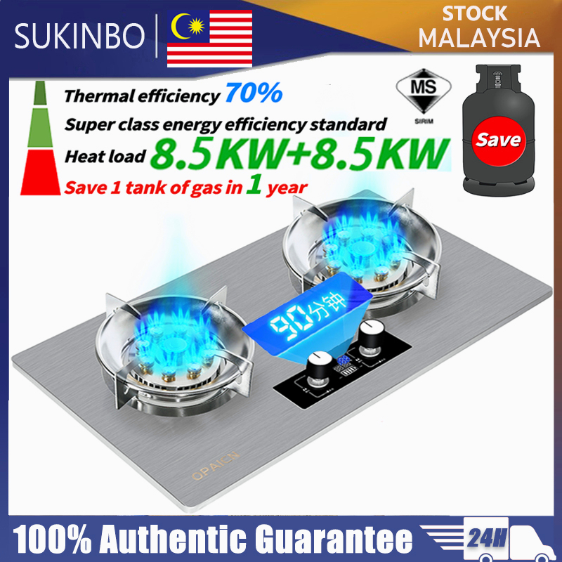 SUKINBO 8.5KW Stainless Steel Timing Double Burner Gas Stove Desktop / Built In Liquefied Gas Cooker Cooktop Dapur gas