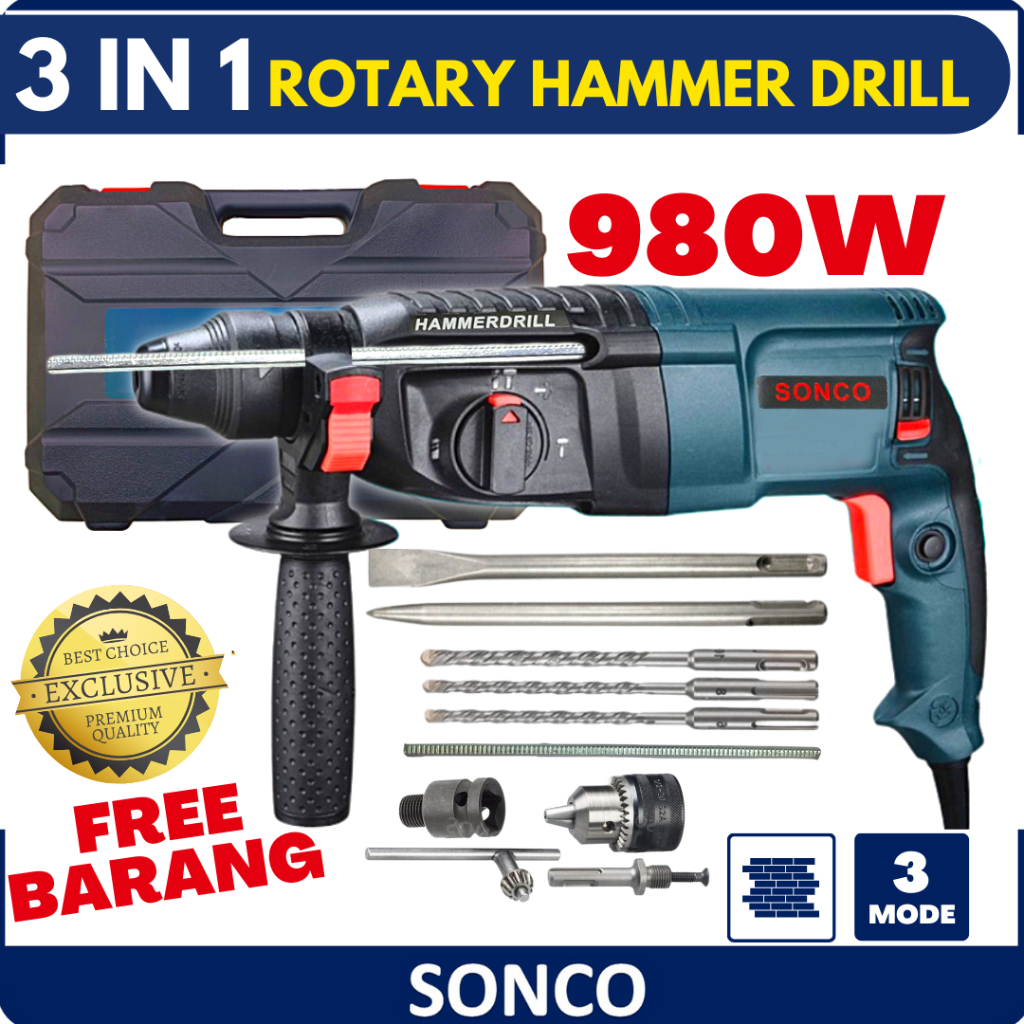 SONCO 980W Rotary Hammer Drill Power Impact Drill 3 Mode in 1 With