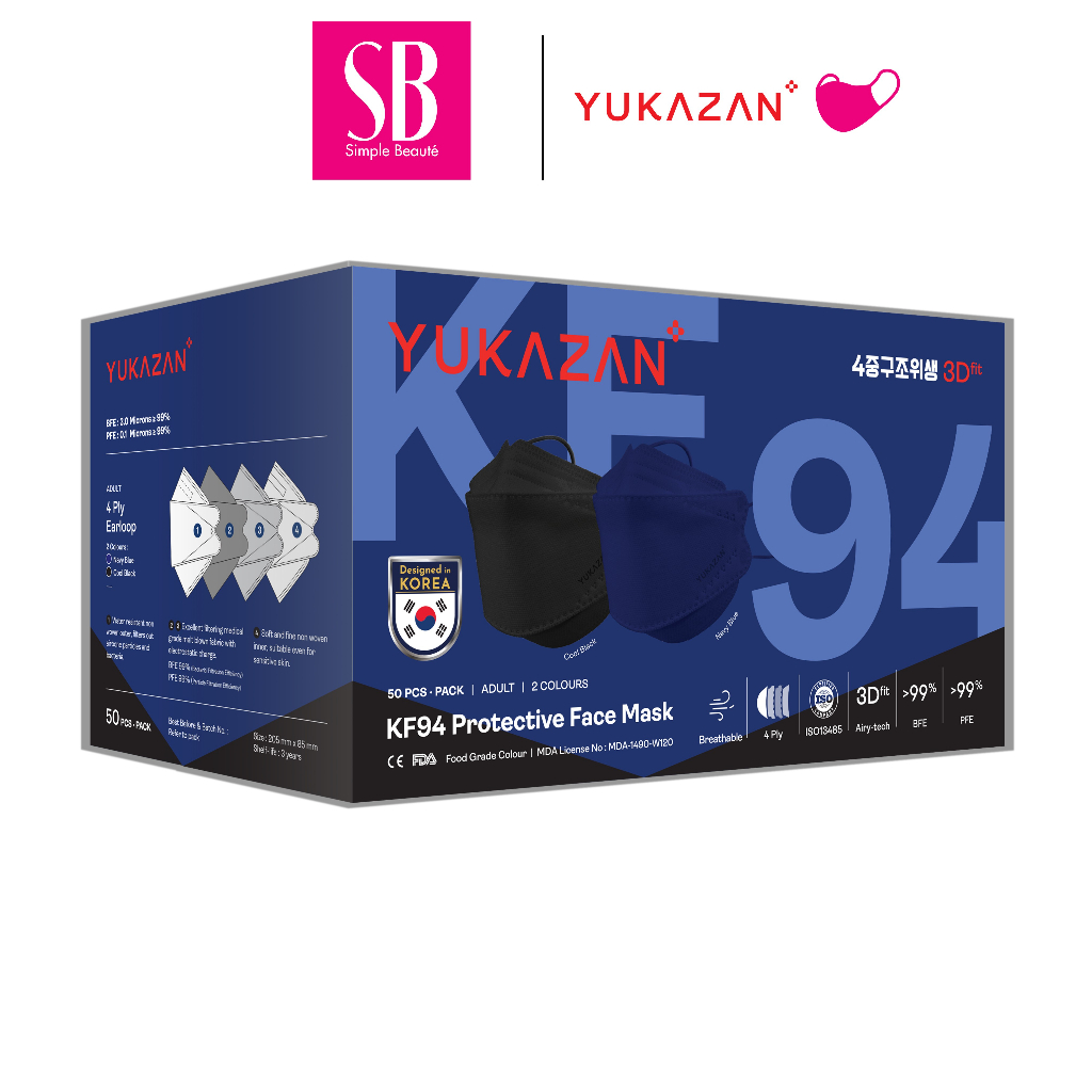 Yukazan KF94 4ply Protective Face Mask Antibacterial 3D fit Navy Blue