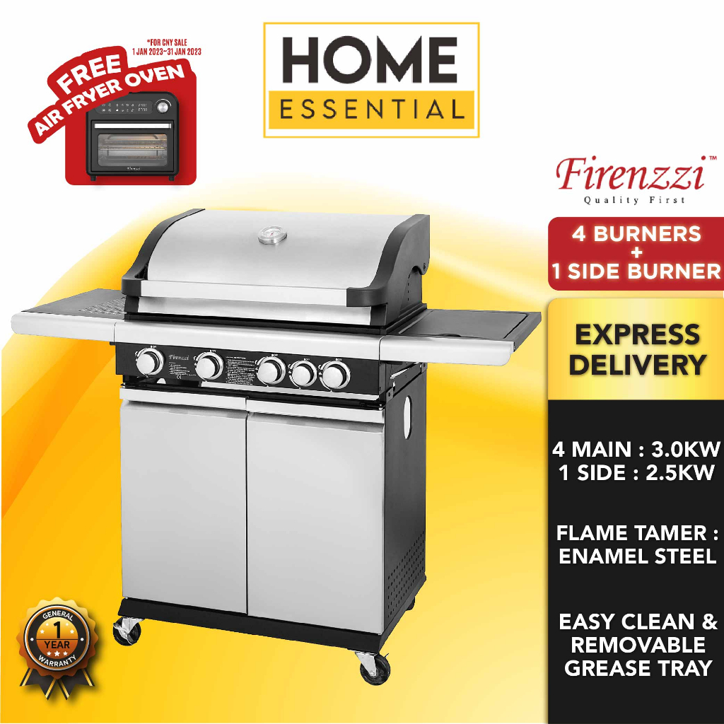 【Free 10L Air Fryer Oven】Firenzzi 4B+1Sb Outdoor Stainless Steel Bbq Grill Machine Gas Cooker FBQ1548 | FBQ-1548