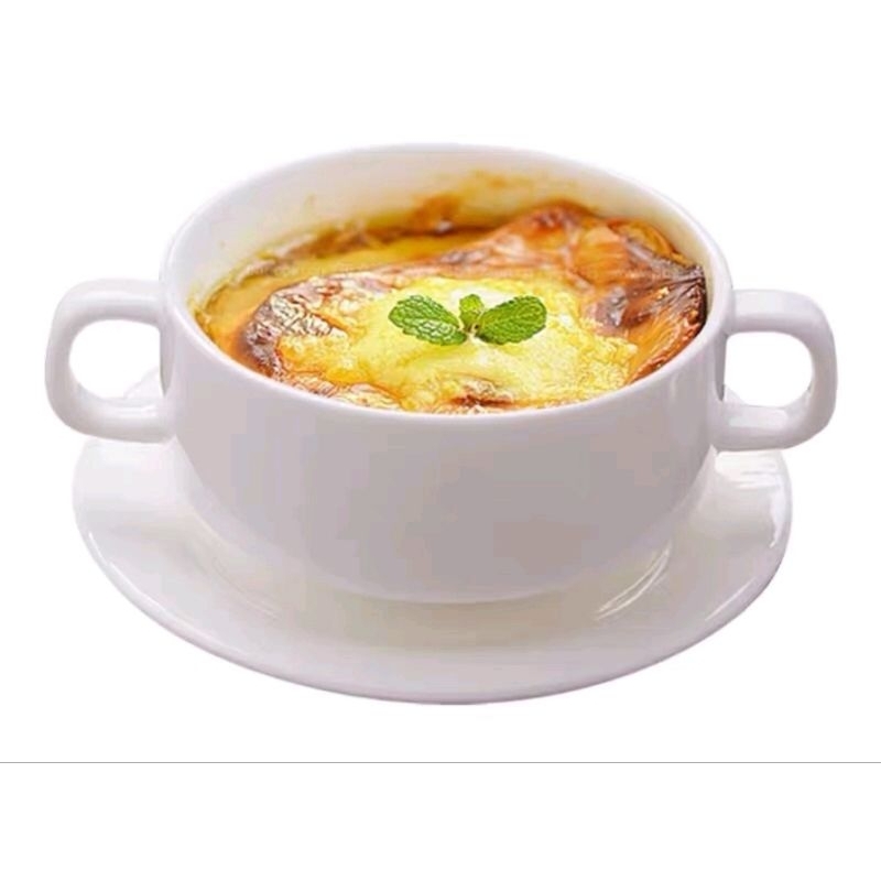 Mushroom Soup Bowl Cup 4" Saucer Set White Ceramic Mangkuk Piring Sup Baking Oatmeal Breakfast Dessert 蘑菇汤盅碗