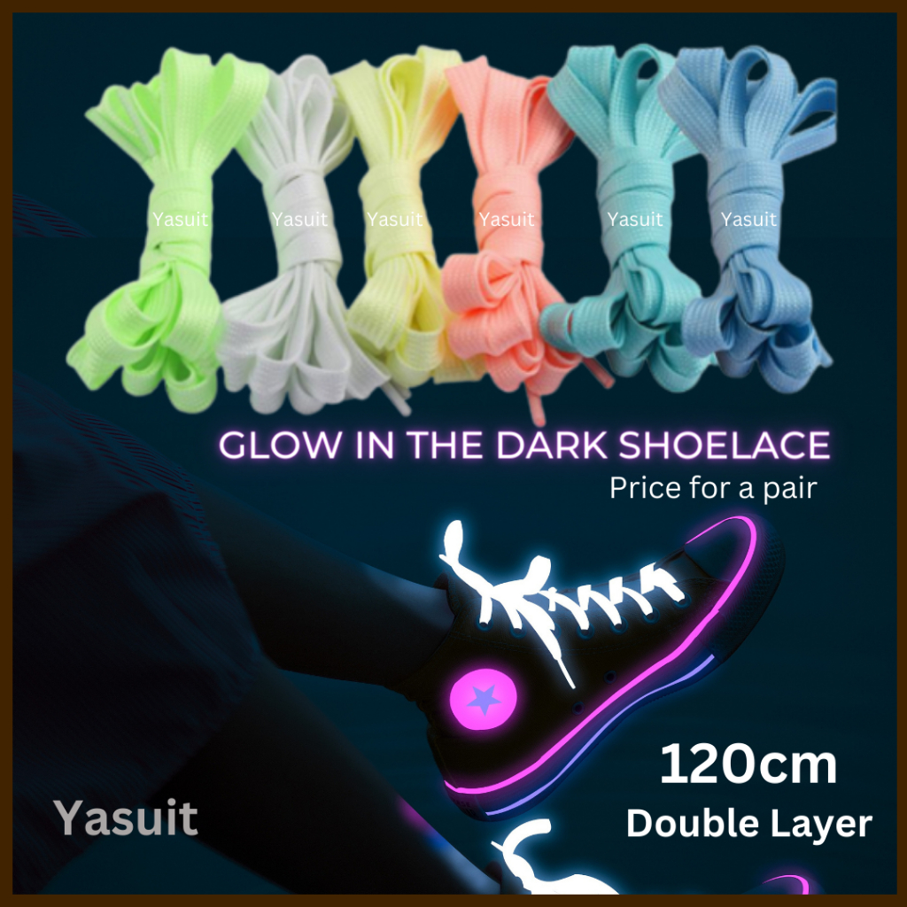 Yasuit Shoelace Double Layer Tali Kasut Shoe Lace Luminous Fluorescent Glow In The Dark Adult Colorful Good Quality