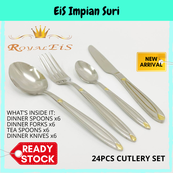 (Ready Stock!!!) Royal Eis 24pcs Stainless Steel Cutlery Set (ARSHIA 18/10 3.0MM) Plain/Gold High Quality Cutlery