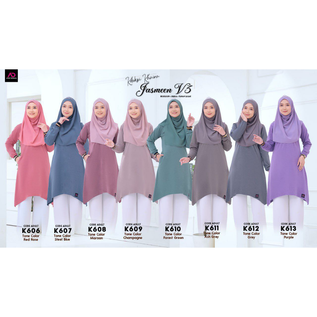 Jasmeen V3 AD T-Shirt Muslimah Dewasa Cotton Labuh Berpoket Tangan Bercekak Available in 8 Colors