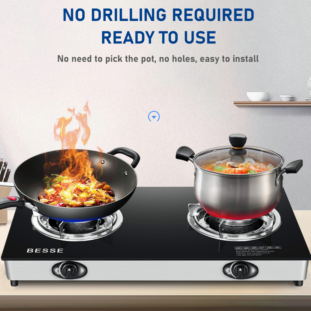 SUKINBO Double Burner Gas Stove Tempered Glass Infrared Gas Stove