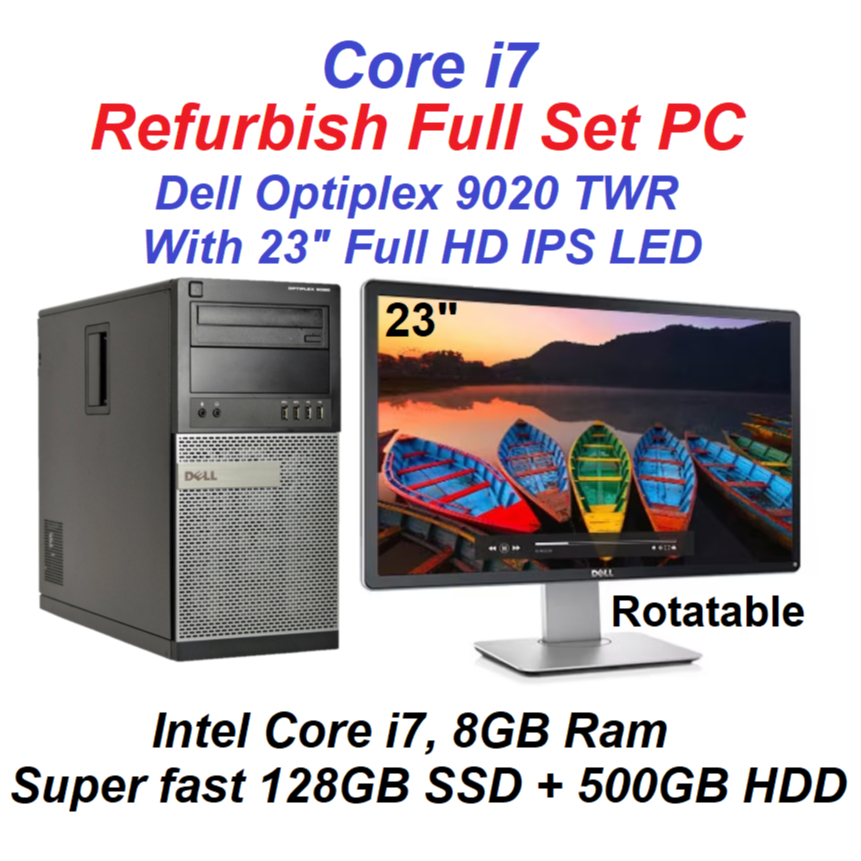 Refurbish PC Dell OptiPlex 9020 Tower Intel Core i7 CPU, 8GB Ram, 23