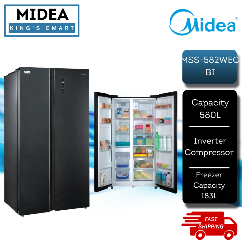 [FREE SHIPPING] Midea Inverter 580L Side By Side Inverter Refrigerator MSS-582WEGBI / Premium Black Tempered Glass