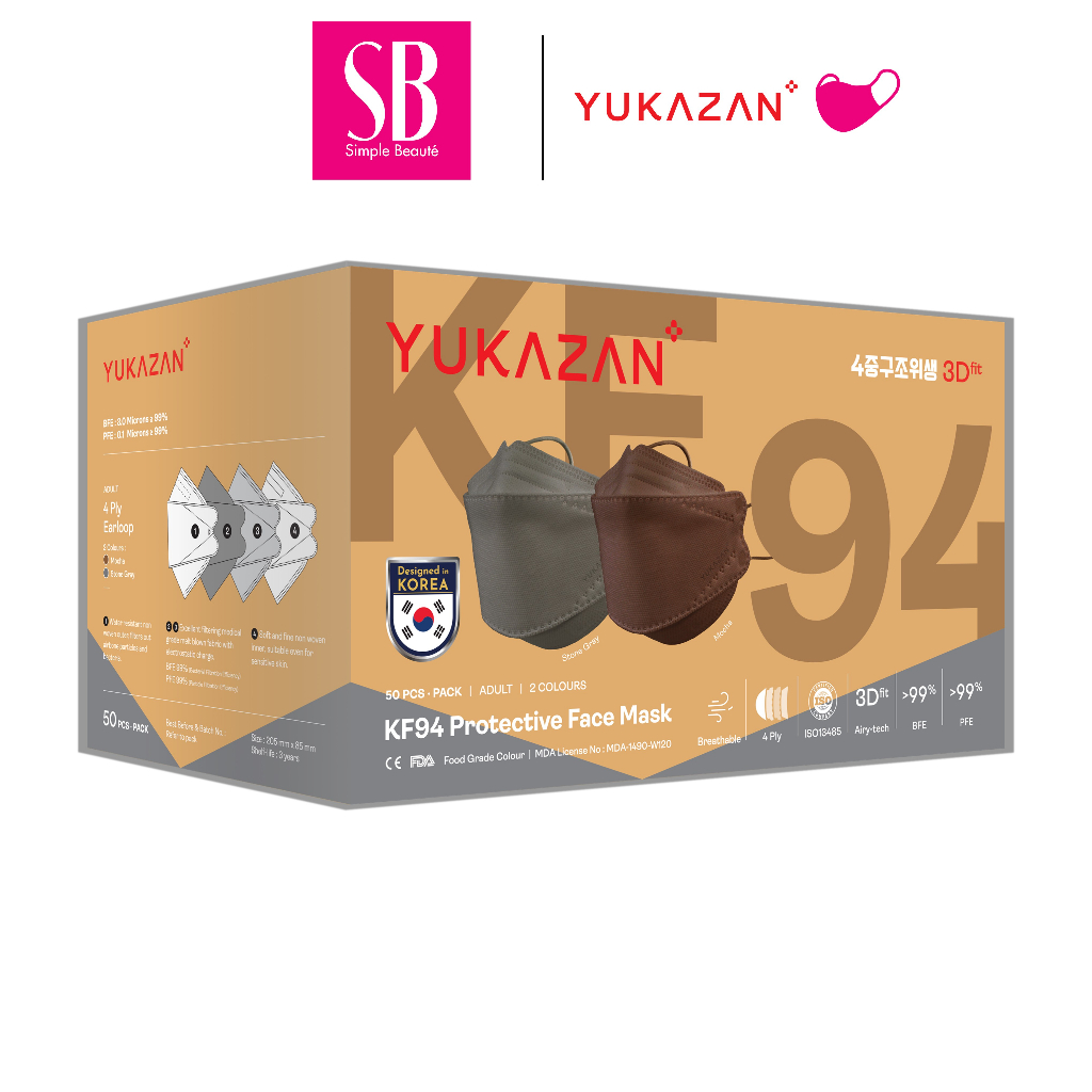 Yukazan KF94 4ply Protective Face Mask Antibacterial 3D fit Stone Gray
