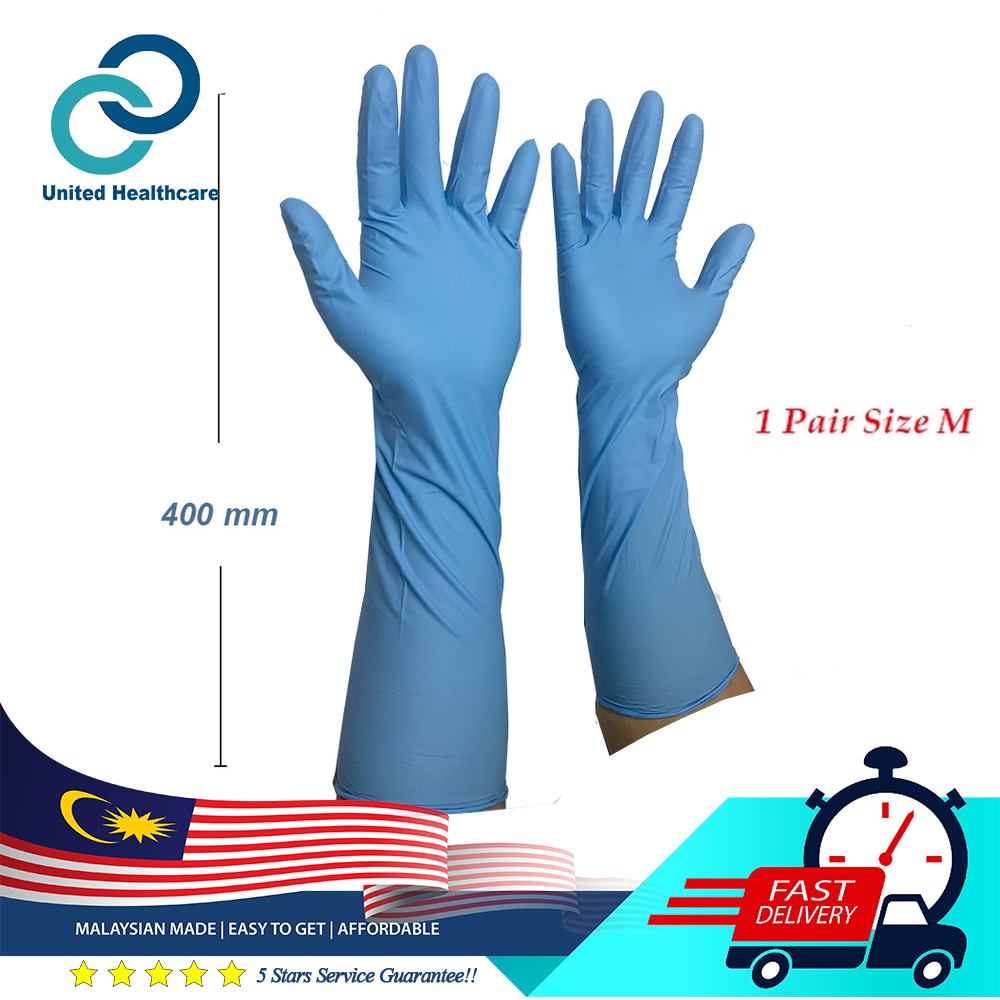 Elbow Length 400mm Powder Free Nitrile Glove Blue 1 Pairpack M Size Made In Malaysia Shopee 2221