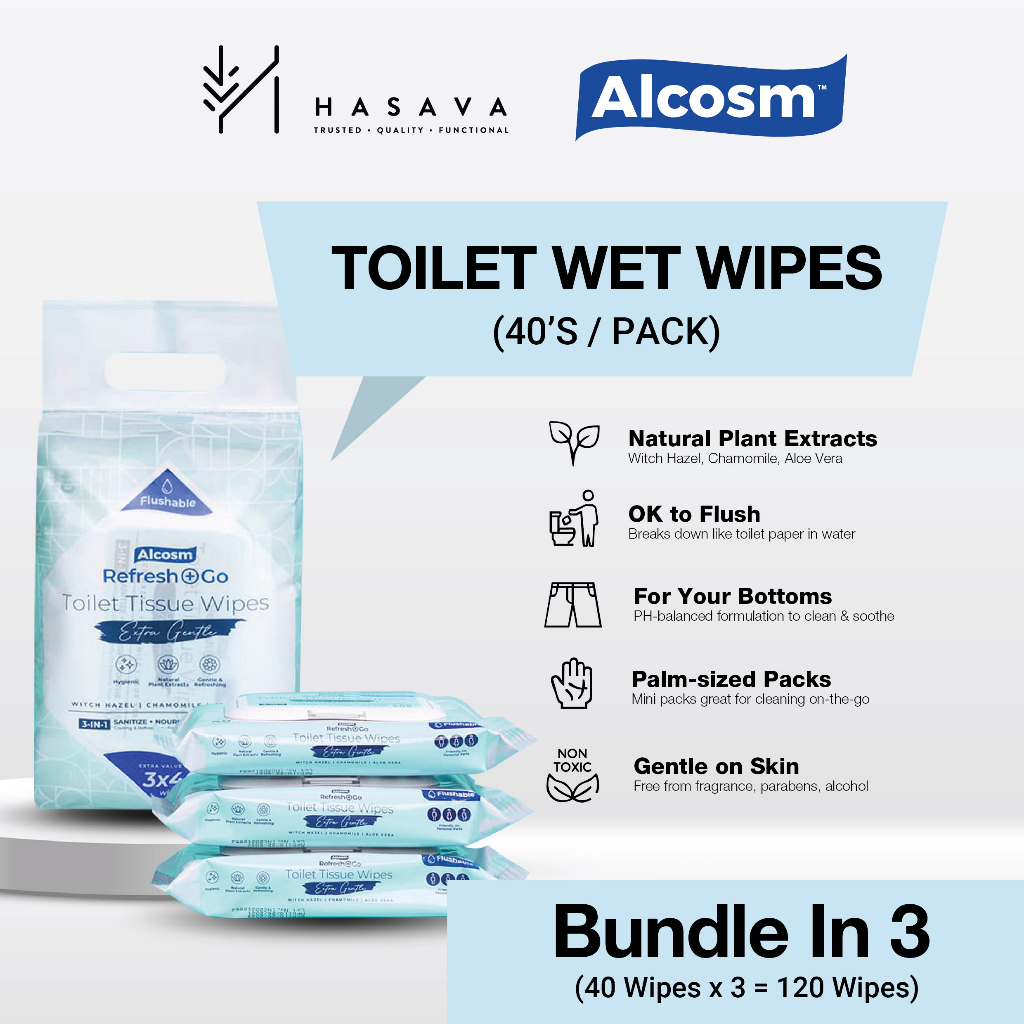 ALCOSM Flushable Toilet Wet Wipes (40's Pack) 3 in 1 Bundle Pack