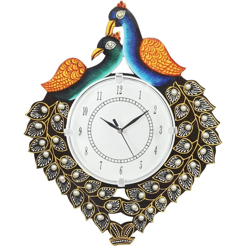 2PK Peacock Wall Clock Handicraft Wooden Clock Gift Item