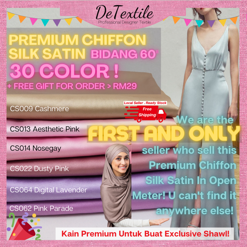 DeTextile Premium Chiffon Silk Satin Bidang 60” Kain Pasang Ela Open Meter Kain Membuat Exclusive Shawl DIY(Color Set 1)