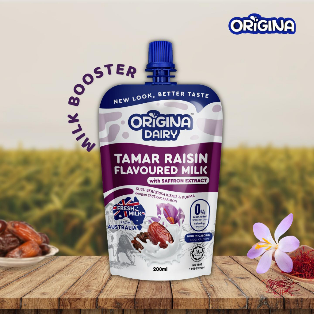 ORIGINA TAMAR RAISIN FLAVOURED MILK WITH SAFFRON EXTRACT 200ML SUSU BERPERISA KISMIS & KURMA
