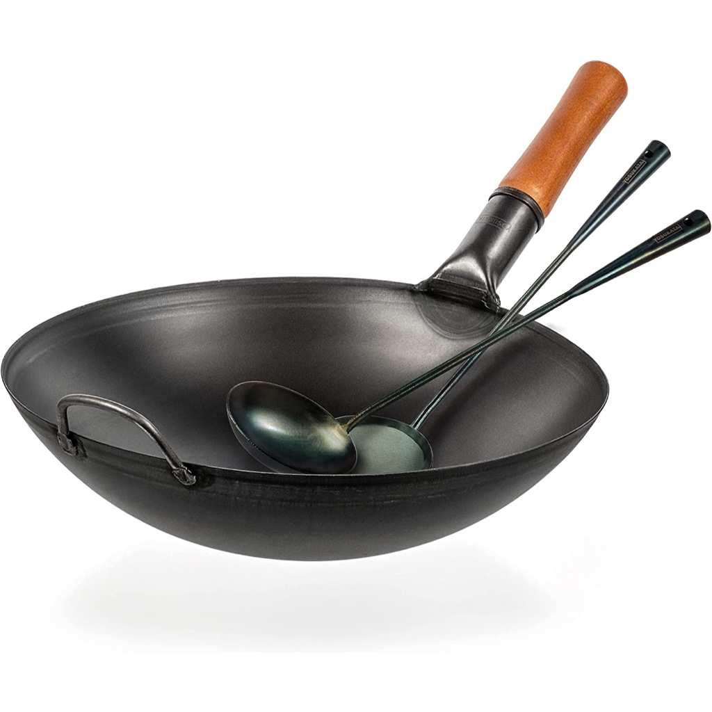 YOSUKATA Black Carbon Steel Wok Pan 14" (Round Bottom) With PreSeasoned Wok Utensils Set Blue