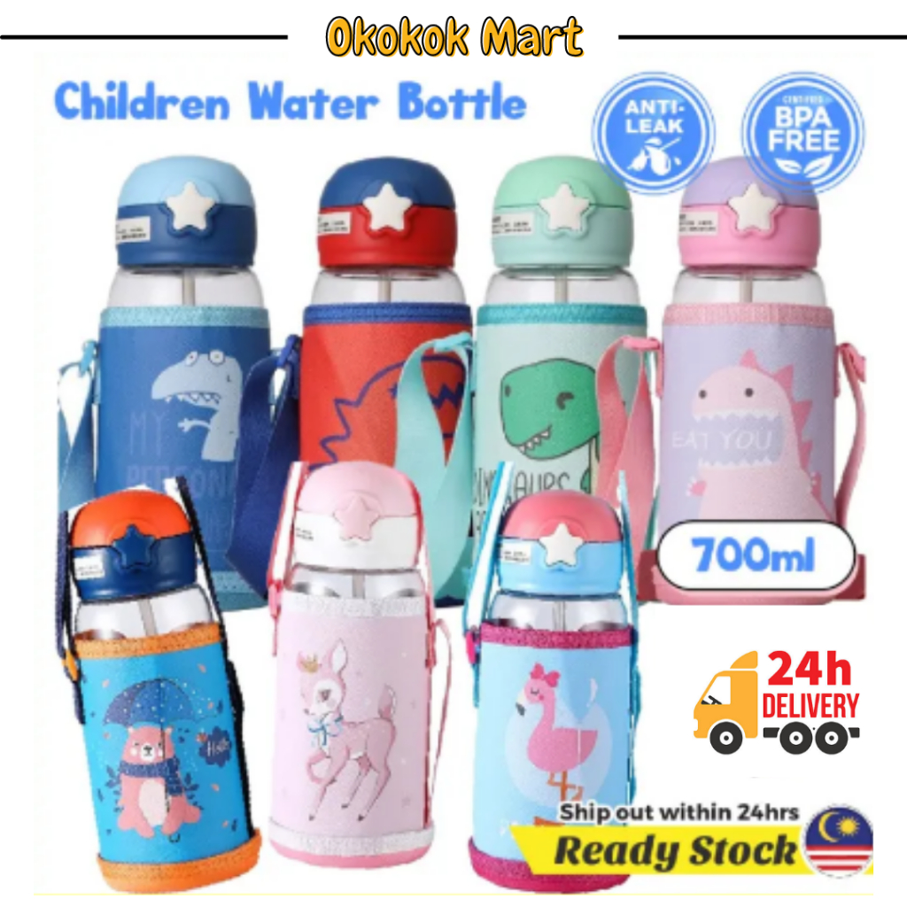 700ml Cartoon Kids Water Bottle Little Dinosaur Kid Straw Bottle 