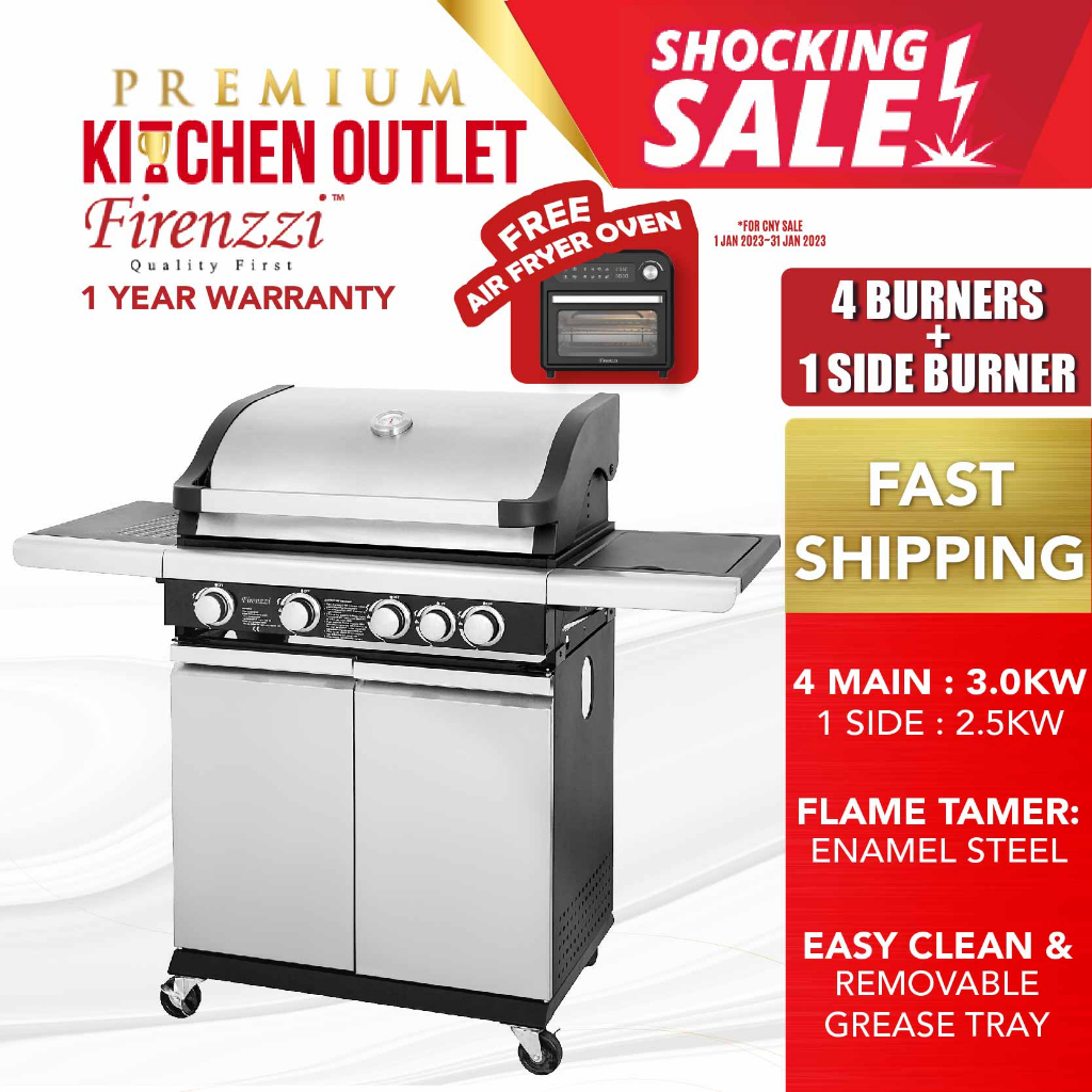 【Free 10L Air Fryer Oven】Firenzzi 4B+1Sb Outdoor Stainless Steel Bbq Grill Machine Gas Cooker FBQ1548 | FBQ-1548