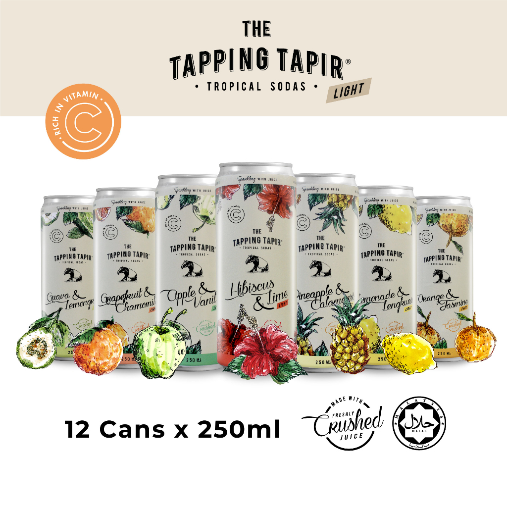 The Tapping Tapir Light Carbonated Soda Real Fruit Juice Drink Less Sugar Apple Lemonade Hibiscus Guava Pineapple Halal.