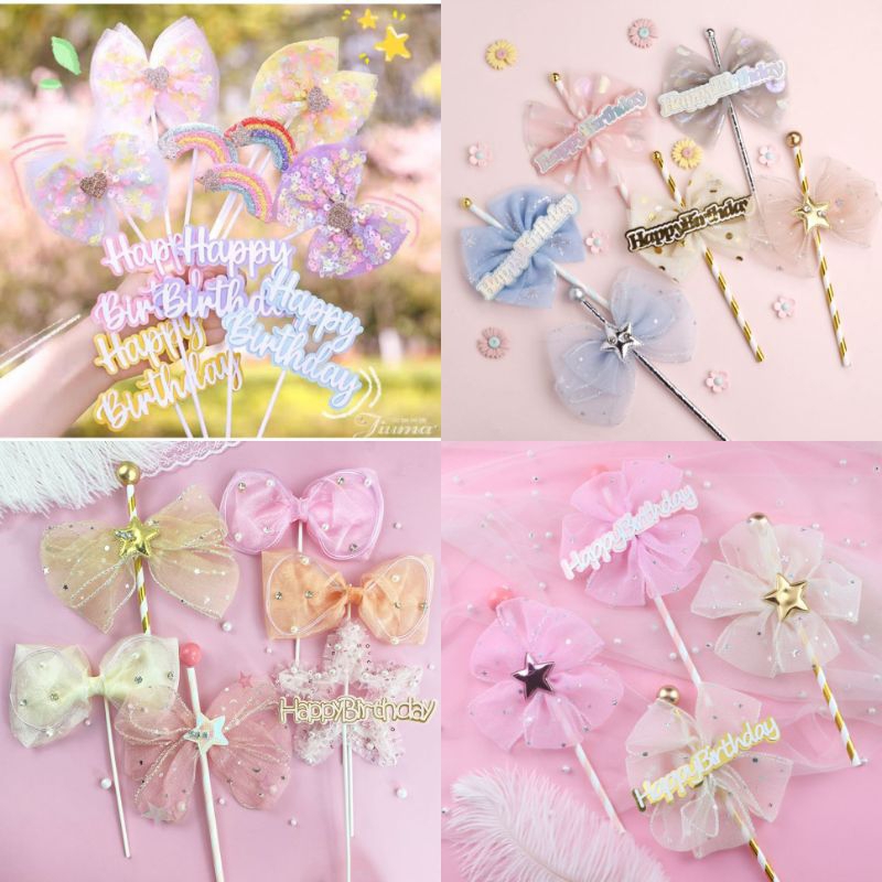 (Ready Stock) CC Lace Design Ribbon Star Happy Birthday Cake Topper Decoration 蝴蝶结 彩虹 星星 生日插卡