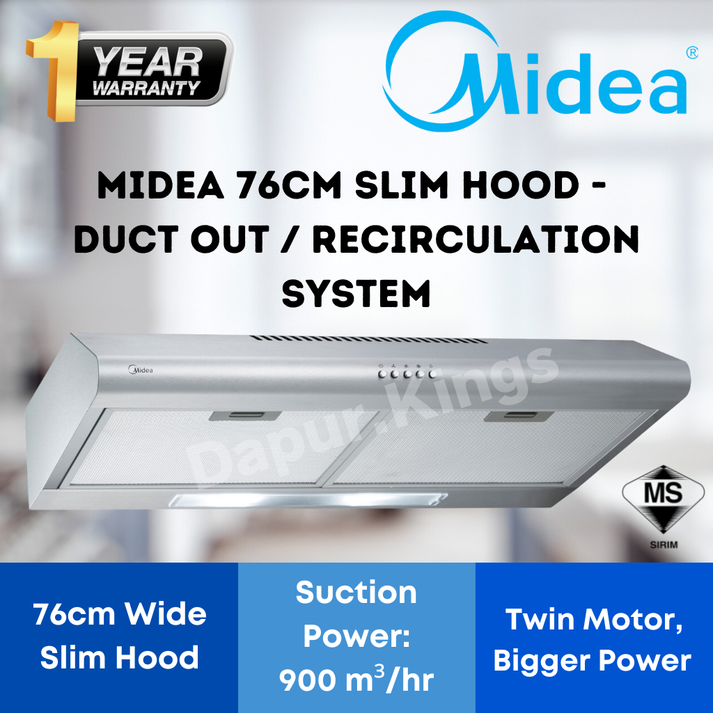 Midea 76cm / 2.5 ft Slim Kitchen Cooker Hood Duct Out / Recirculation System MCH76MSS