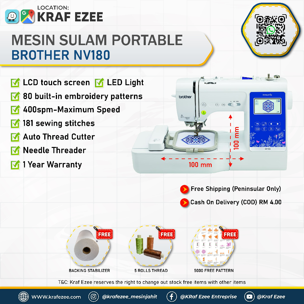 Mesin Jahit Sulam Quilting 3 In 1, Brother Innovis NV180 Embroidery