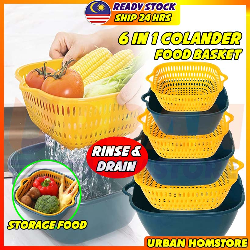 6 In 1 Washing Colander Penapis Sayur Buah Rinse Drain Double Layer Vegetable Fruit Drain Basket 1202