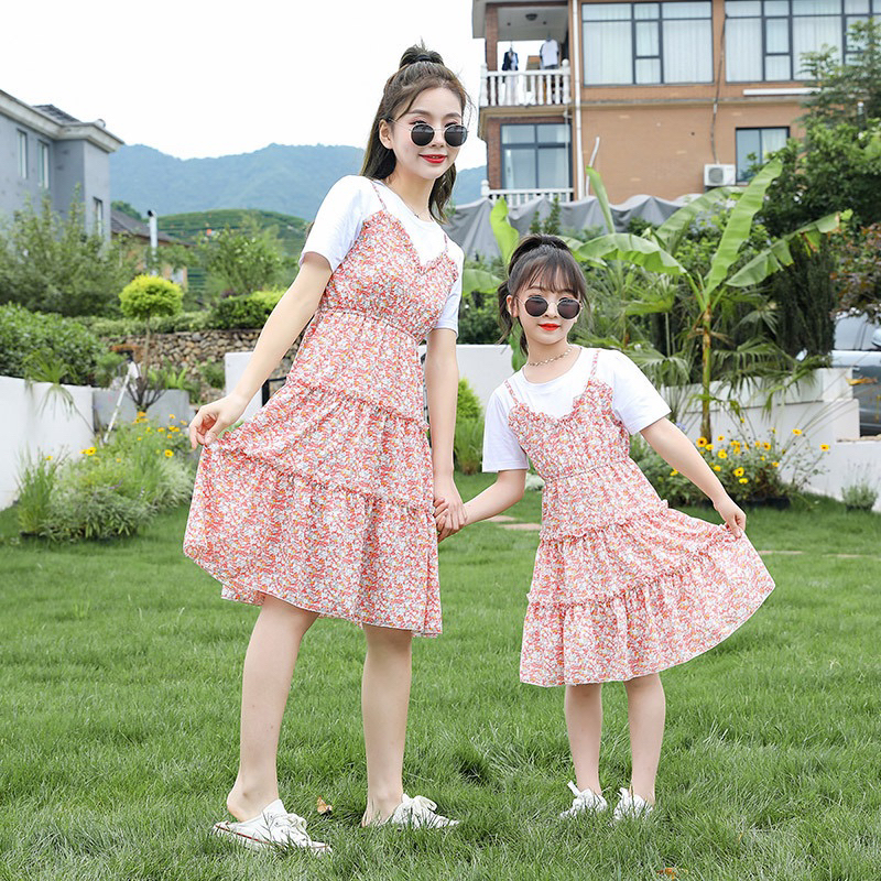 Ready Stock!! motherdaughter Clothing Girl dresses Fake Twopiece