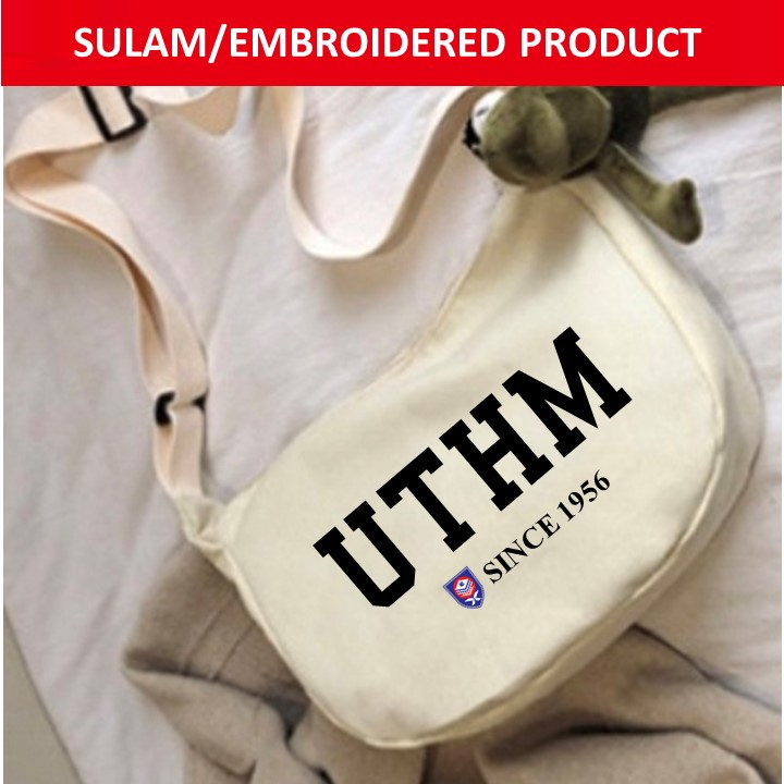 EMBROIDERY(SULAM) UTHM UNIVERSITI TUN HUSSEIN ONN BEIGE CANVAS ZIPPER CROSSBODY SHOULDER SLING BAG