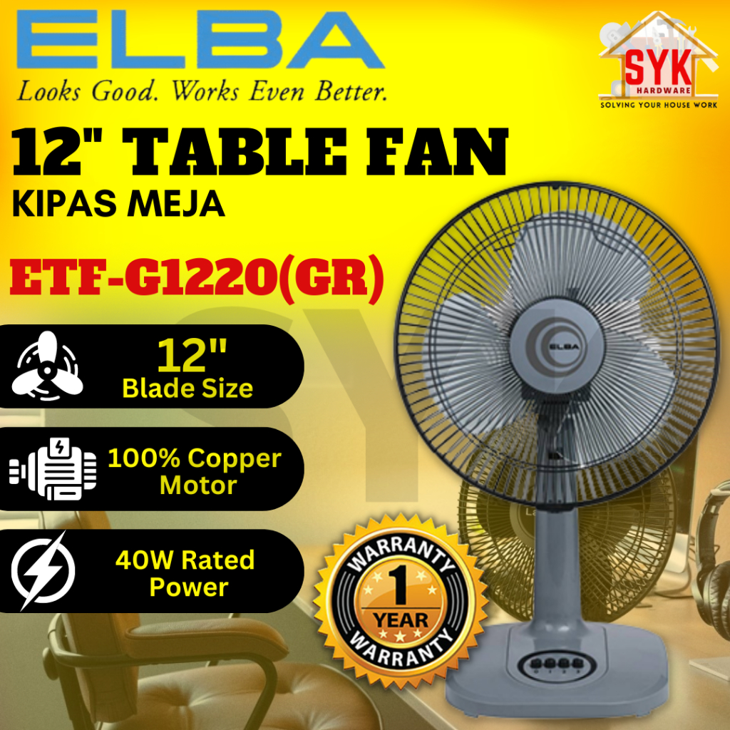 SYK ELBA ETF-G1220(GR) 12" 40W 3 Speed Electric Table Desk Fan Home Appliances Kipas Meja Kipas Angin Meja